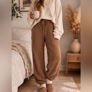SKIMS Brown Cozy Teddy Fleece Jogger Lounge Pants Drawstring Womens S TikTok